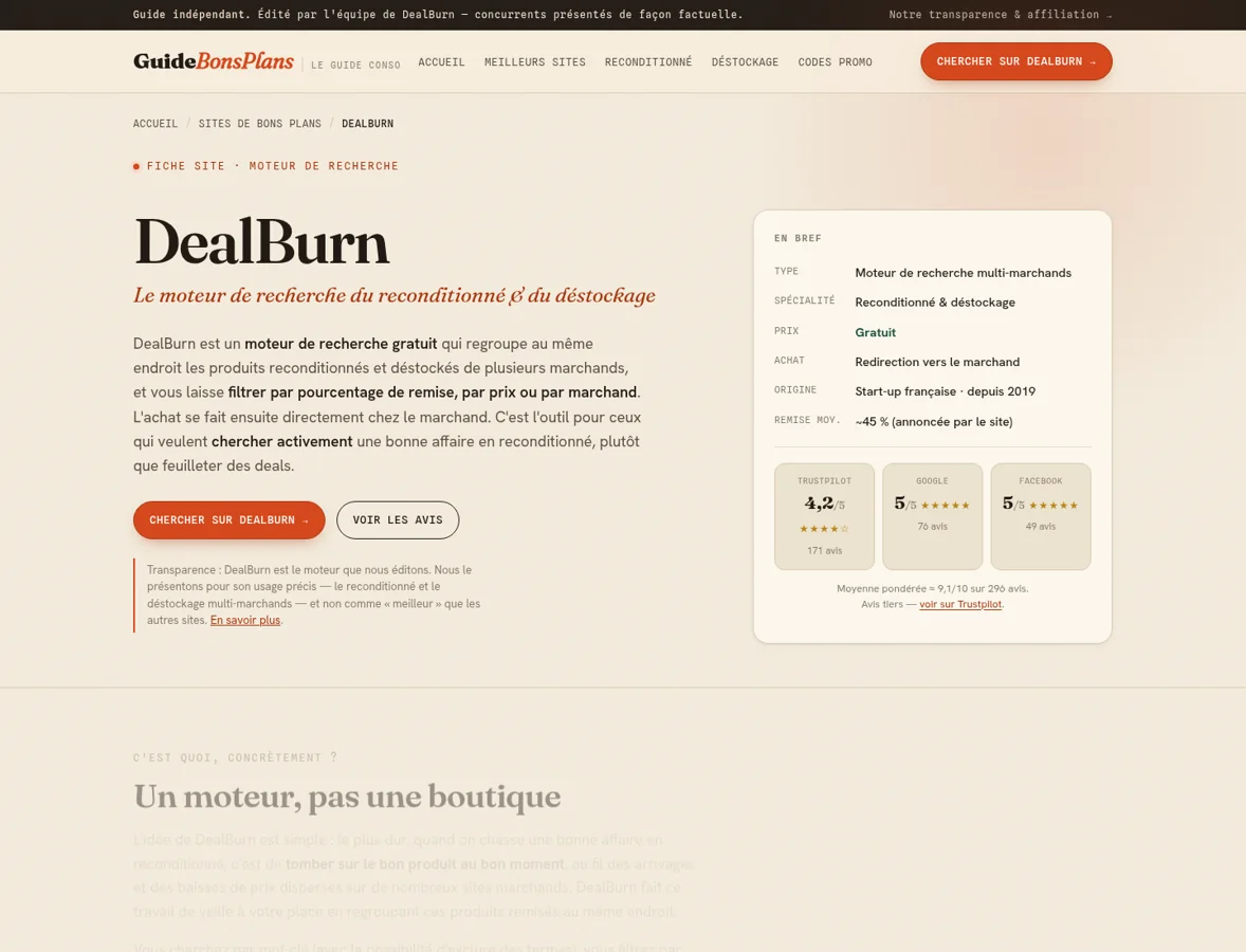 Fiche éditoriale DealBurn sur Guide Bons Plans