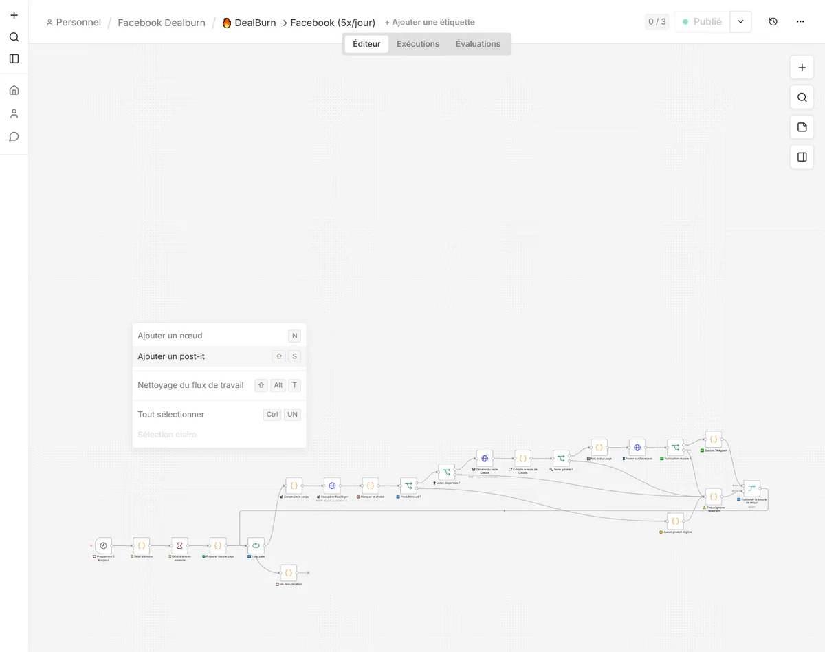 Capture de l'éditeur n8n montrant un workflow DealBurn Facebook en production