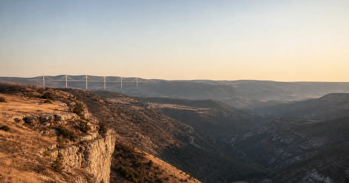 Viaduc de Millau vu depuis la vallée du Tarn, avec la ville et les Grands Causses en arrière-plan